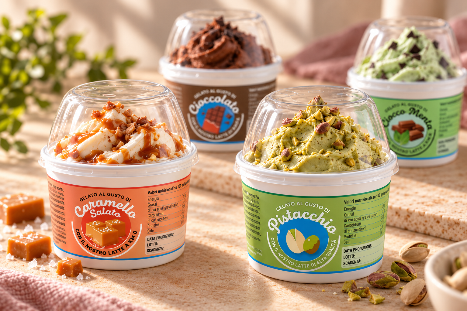 Confezioni monoporzione di gelato artigianale con etichette coordinate per gusti diversi