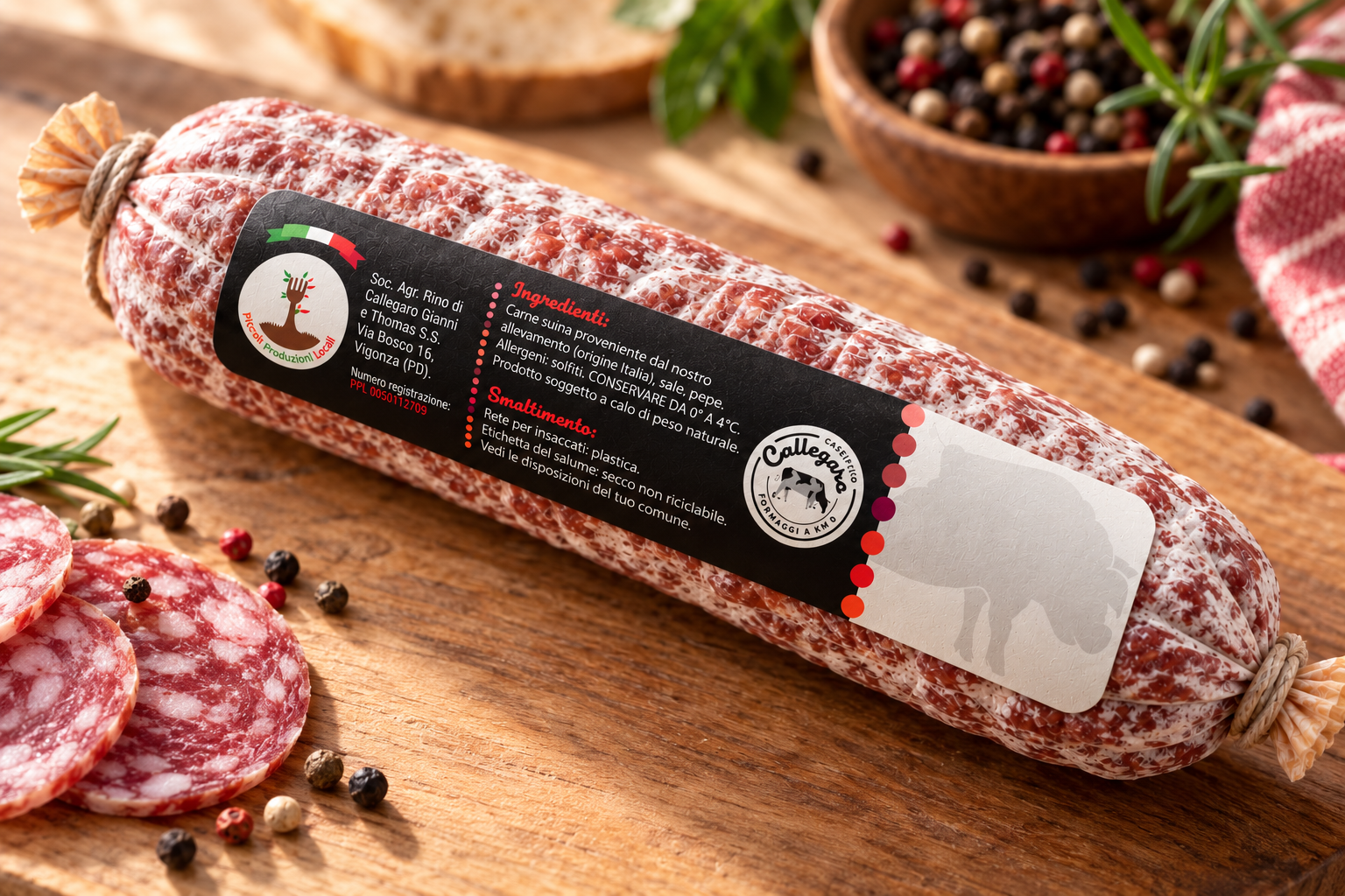 Salame artigianale con etichetta coordinata progettata per un caseificio locale