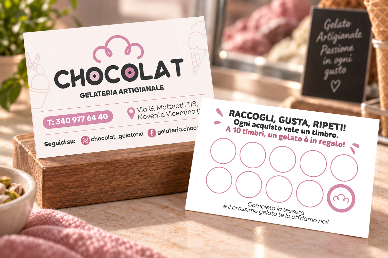 Biglietti da visita coordinati progettati per una gelateria artigianale