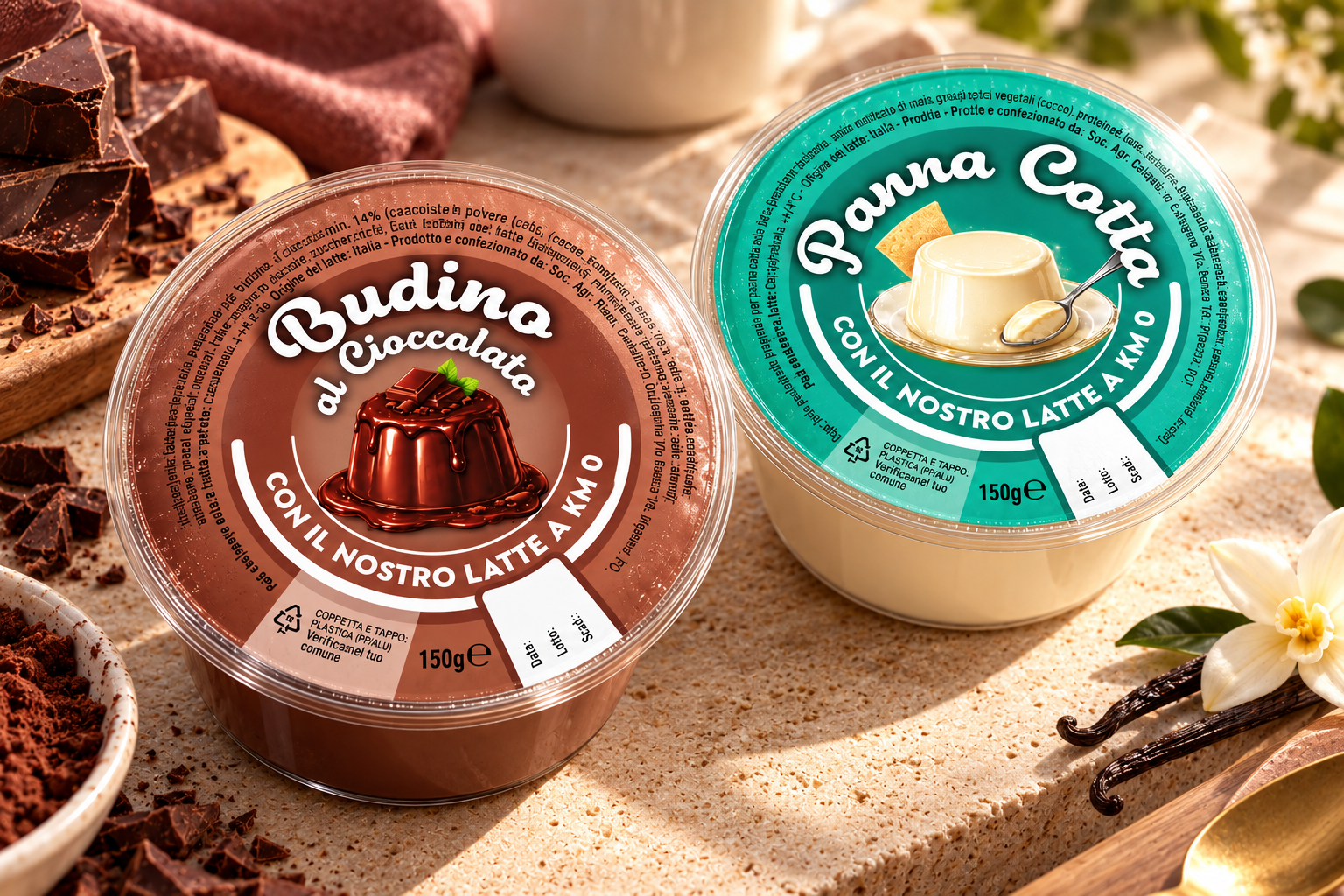Budino al cioccolato e panna cotta con etichette coordinate