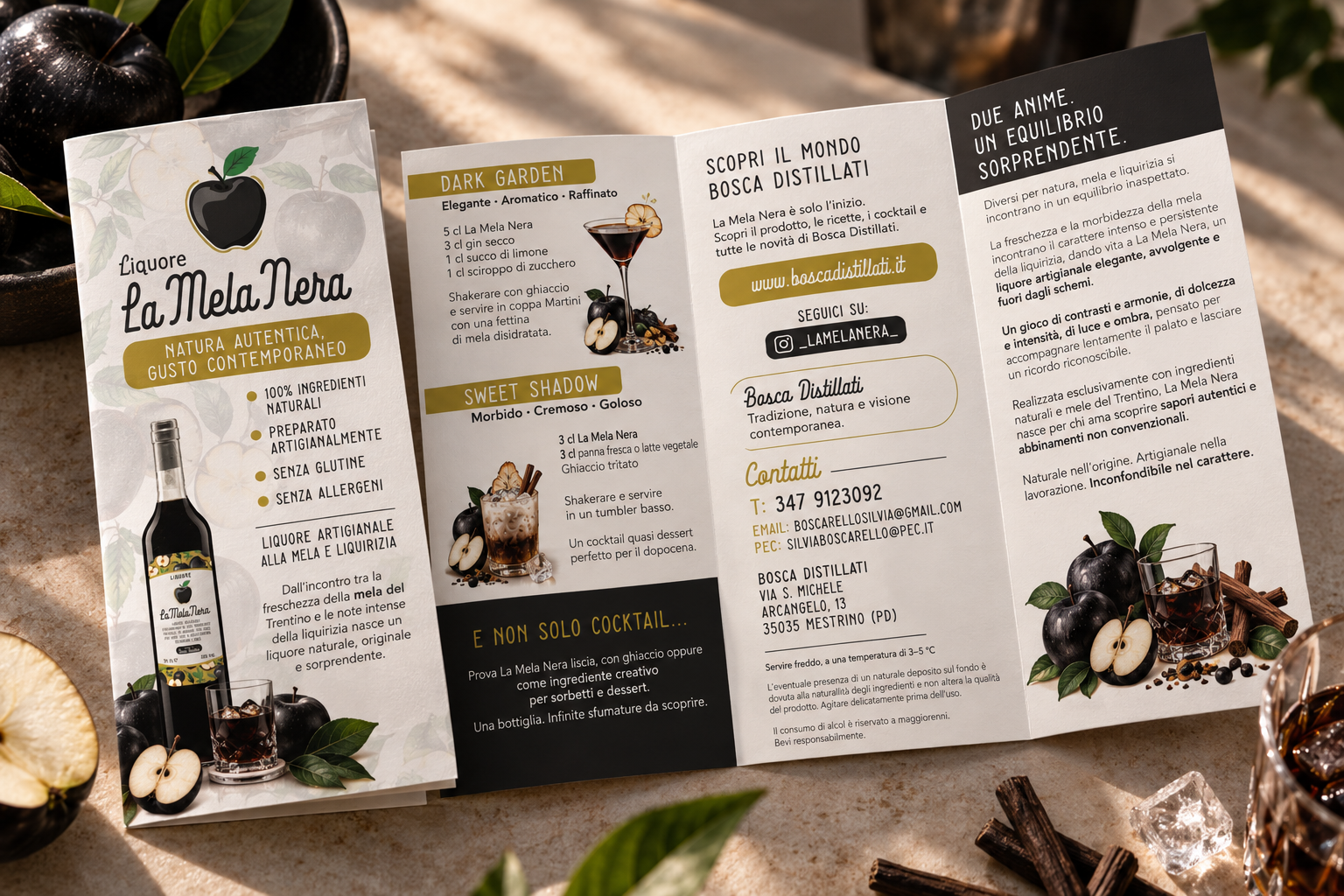 Depliant a tre ante per liquore artigianale